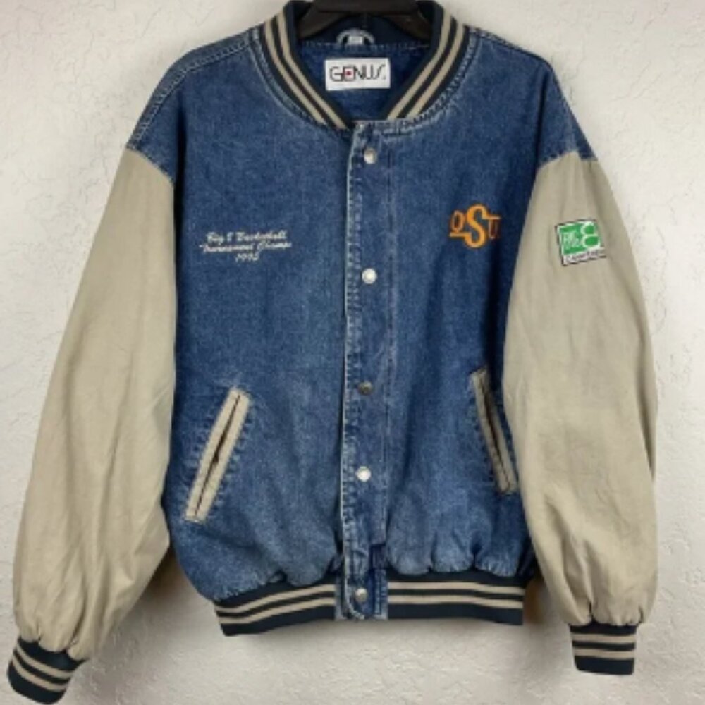 Men’s Vintage 90s Denim Canvas Bomber Style Basketball College Snap Up Coat